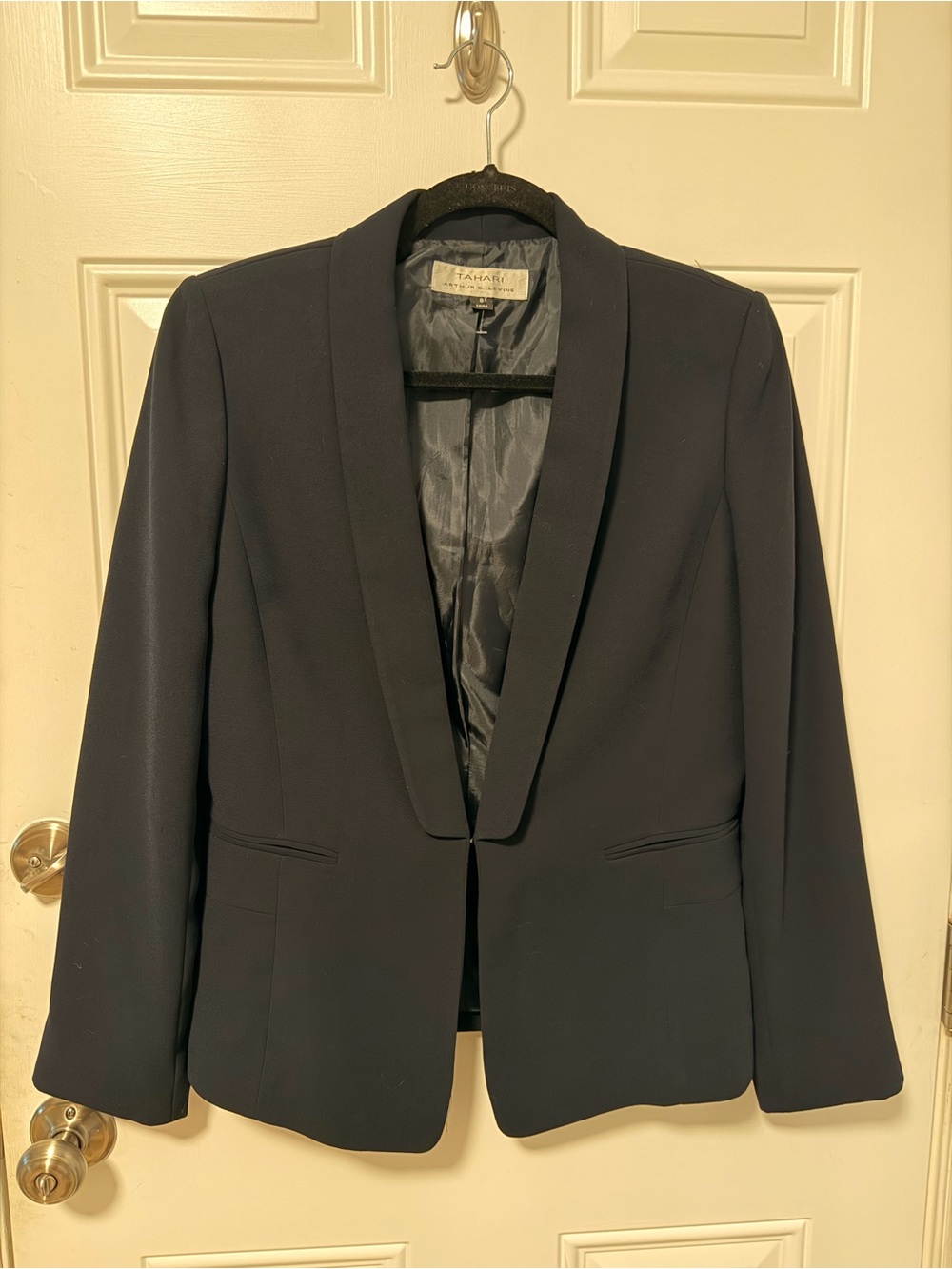 Tahari Tuxedo-Collar Open Front Blazer Navy Blue